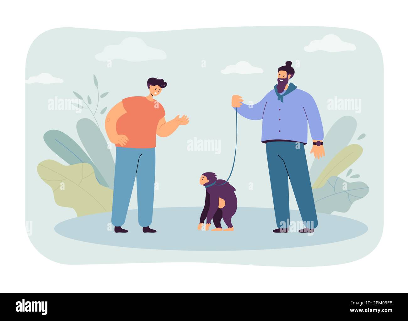 Homme en colère regardant le singe sur la laisse Illustration de Vecteur