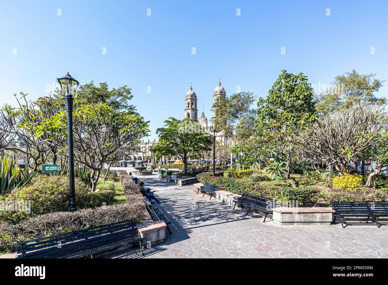 Paysage urbain mexicain de la Plaza de las Americas avec arbres verts et chemins piétonniers contre ciel bleu, basilique notre-Dame de Zapopan en arrière-plan, panneau Banque D'Images