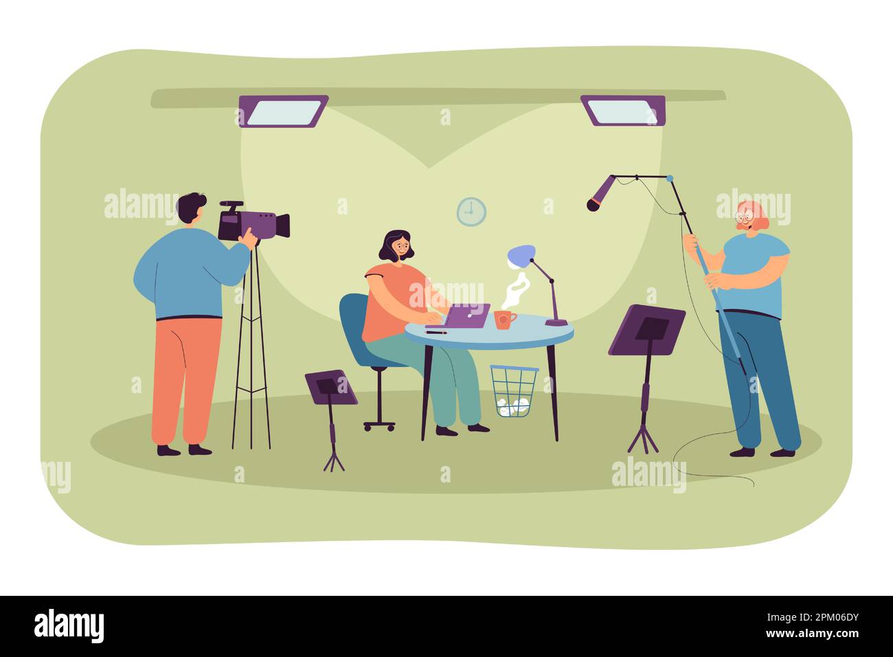 Les personnes filmant des émissions de télévision dans une illustration à vecteur plat en studio Illustration de Vecteur