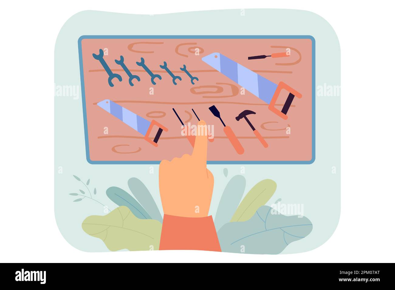 Main de la personne qui choisit les outils de travail sur une planche en bois Illustration de Vecteur
