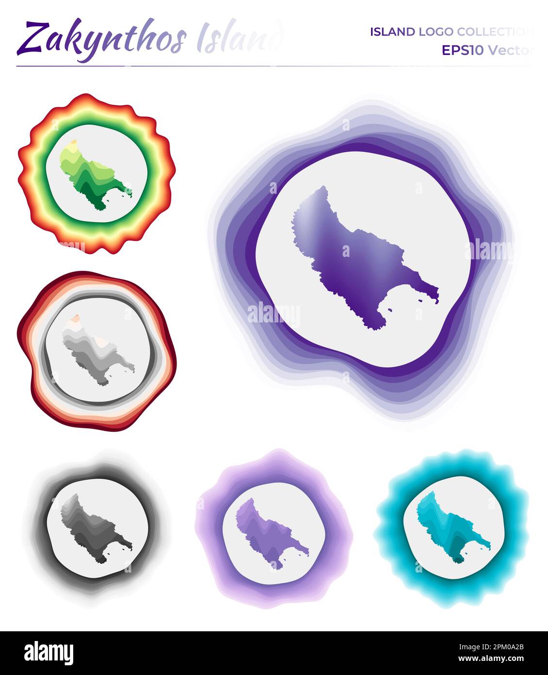 Collection de logos Zakynthos. Badge coloré de l'île. Les couches autour de l'île de Zakynthos sont en forme de bordure. Illustration vectorielle. Illustration de Vecteur