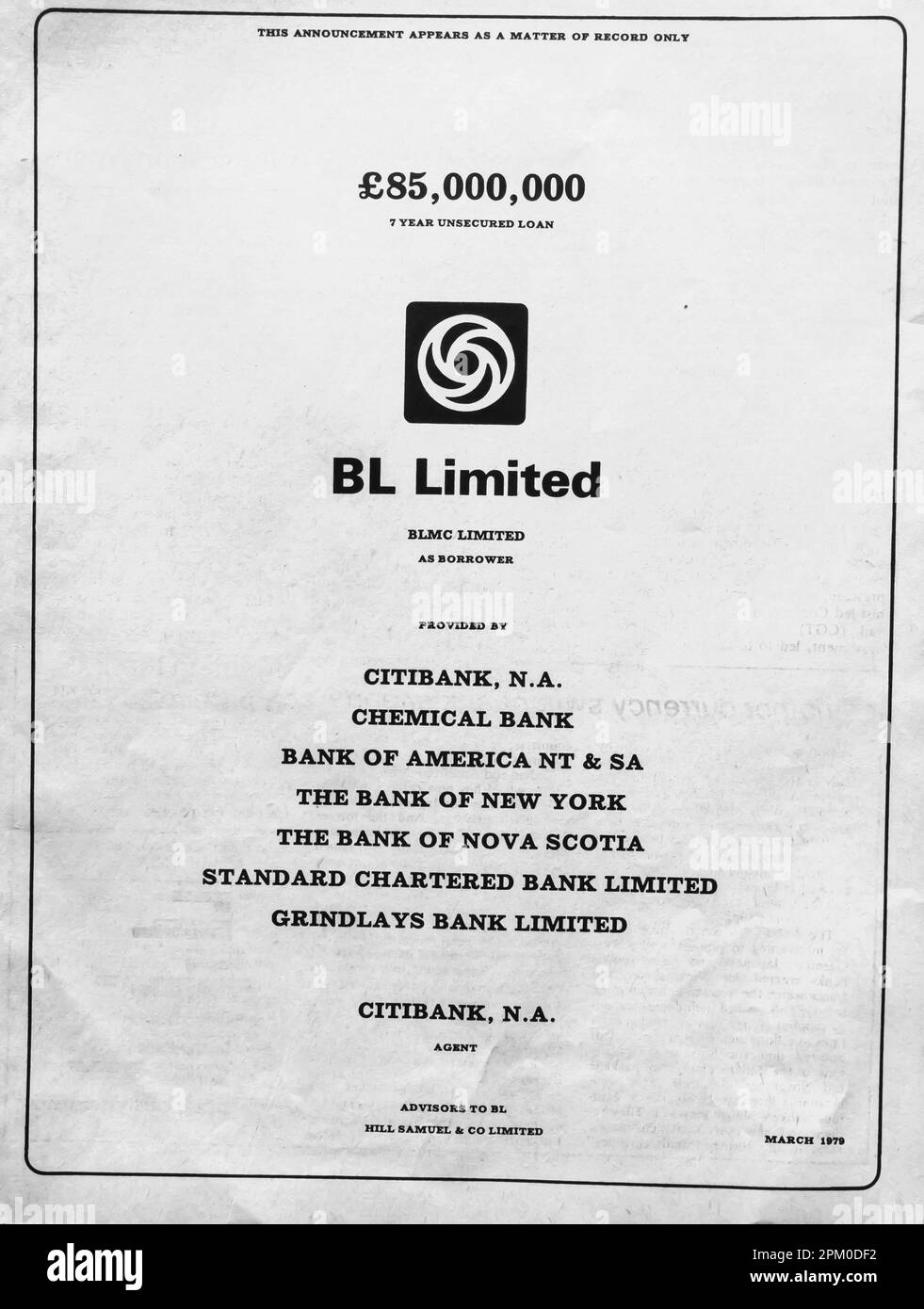 BL Limited annonce de prêt non garanti dans un magazine britannique 1975 Banque D'Images