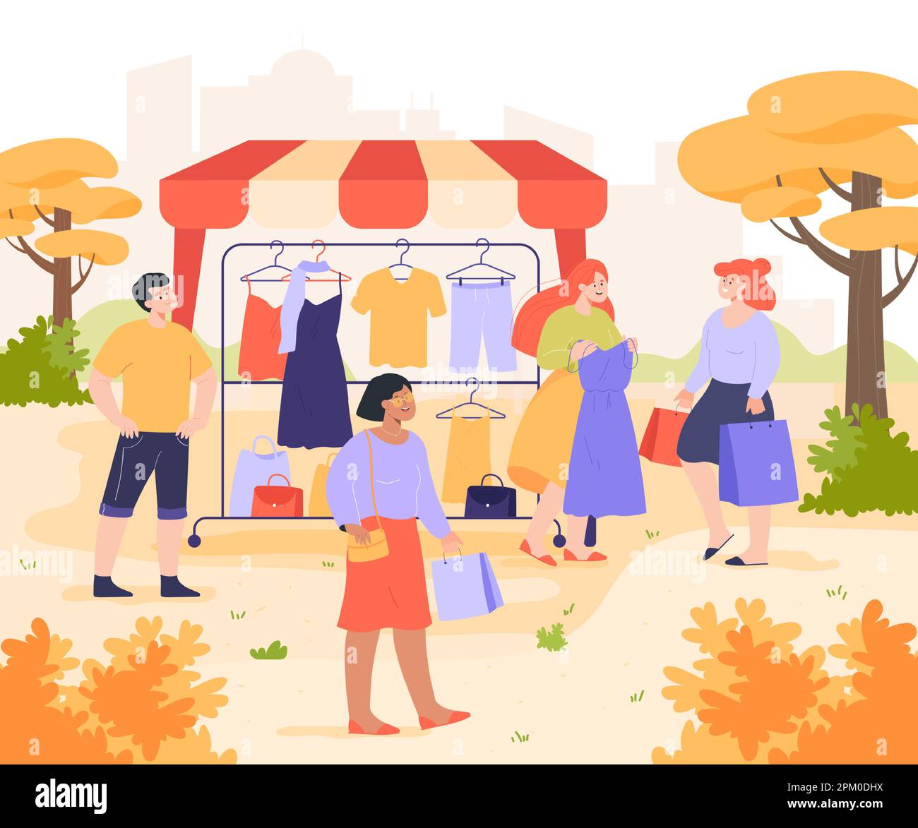 Caricature les gens achètent des vêtements dans une boutique ou un stand en plein air Illustration de Vecteur