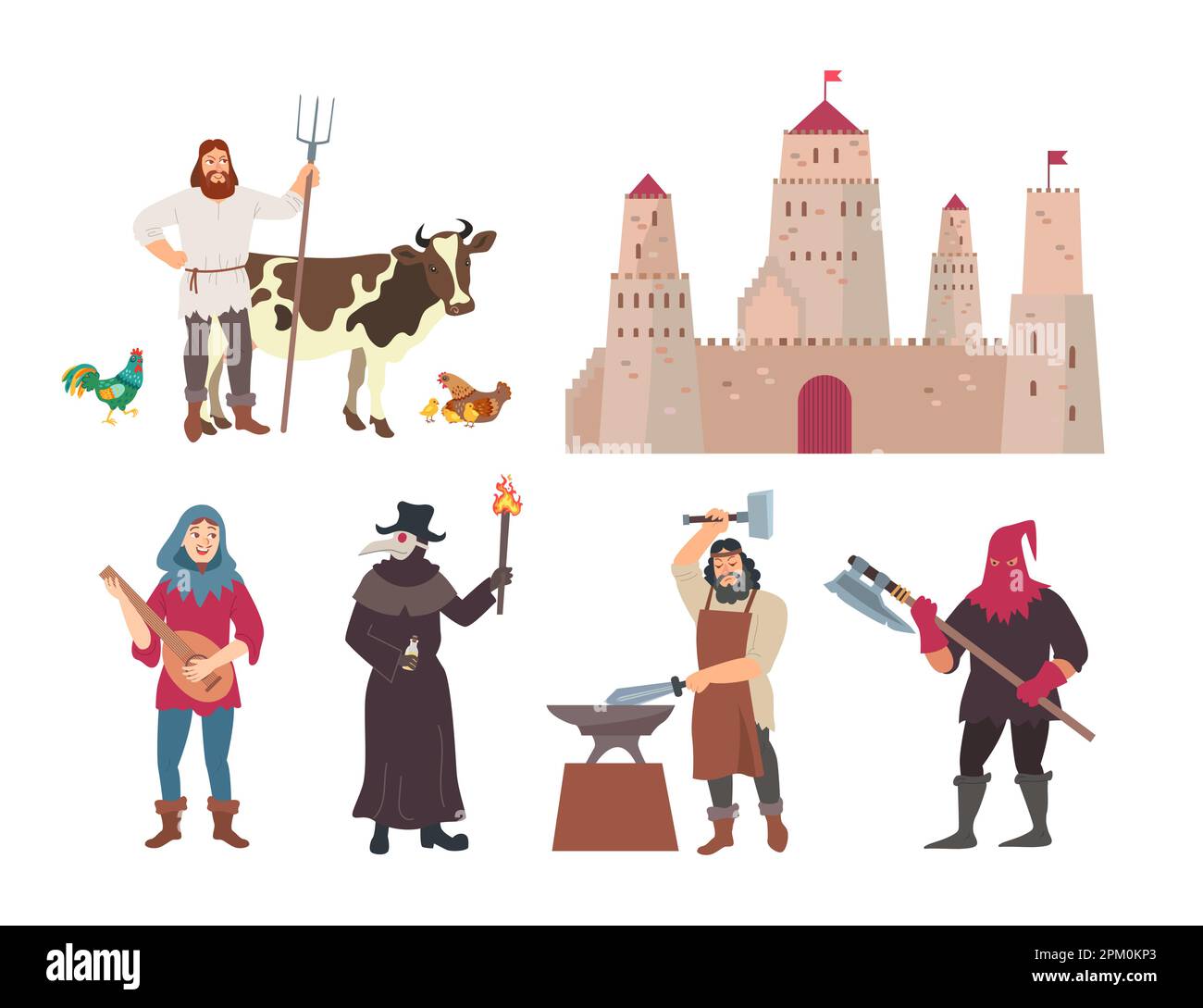 Ensemble d'illustrations de dessins animés de personnages médiévaux de différents métiers Illustration de Vecteur