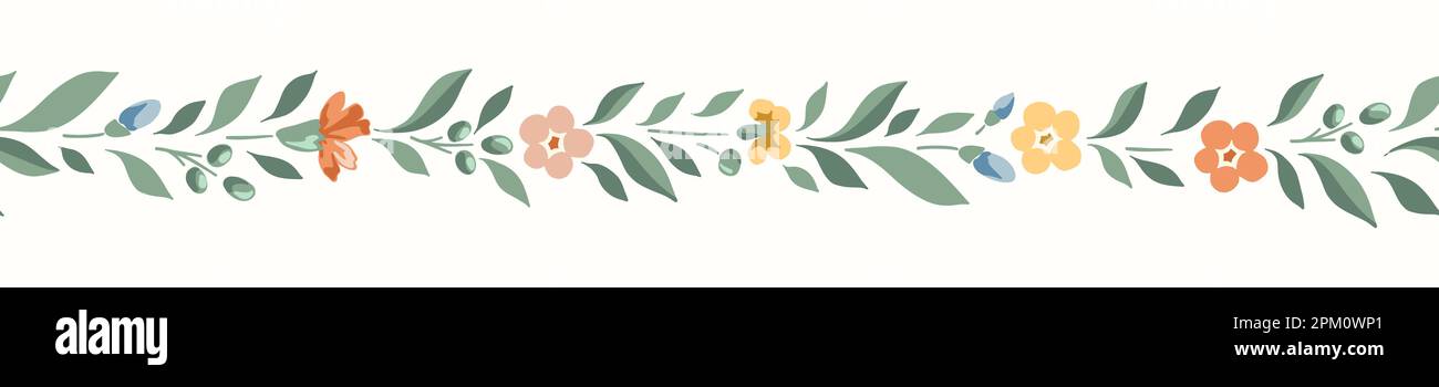 Délicat chintz romantique Meadow fleurs sauvages Vector horizontal sans couture bordure Illustration de Vecteur