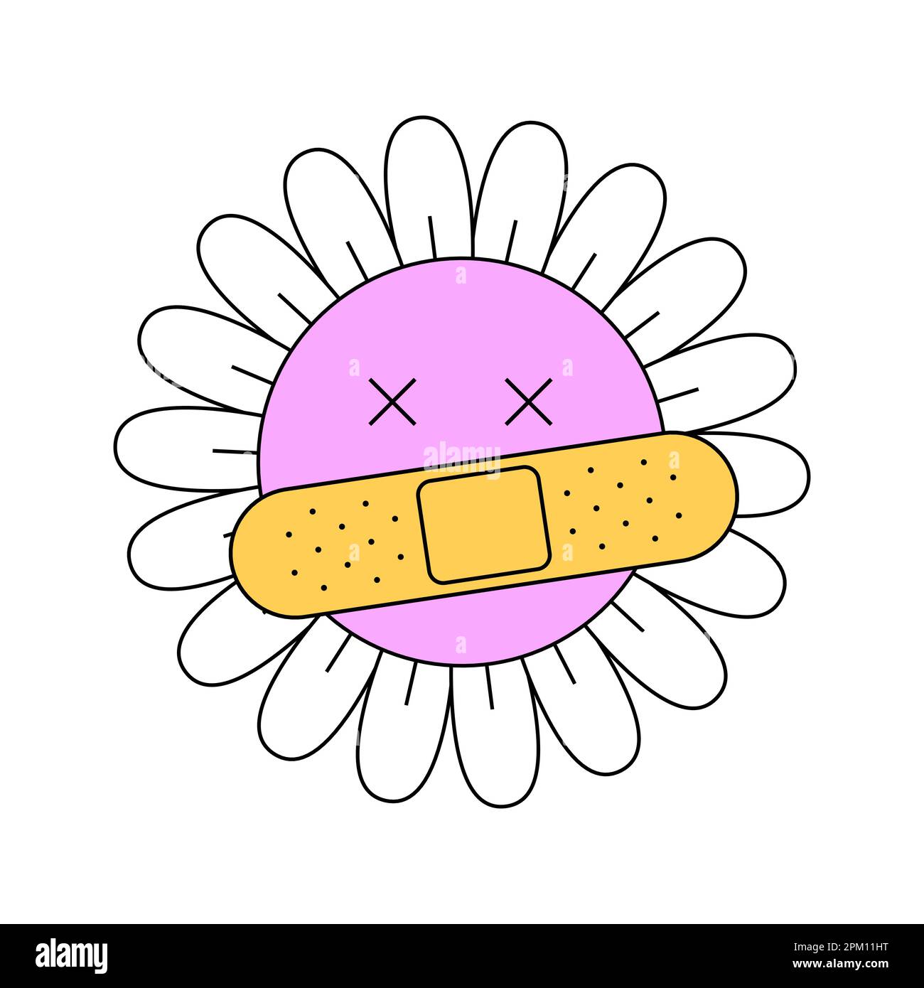 Hippie camomile smiley caractère bonne vibes. Mascotte à la marguerites rétro. Tête de fleur groovy avec le visage fou patché. Plante de style dessin animé d'époque positive psychédélique. Mode Y2Y pop culture florale. EPS Illustration de Vecteur