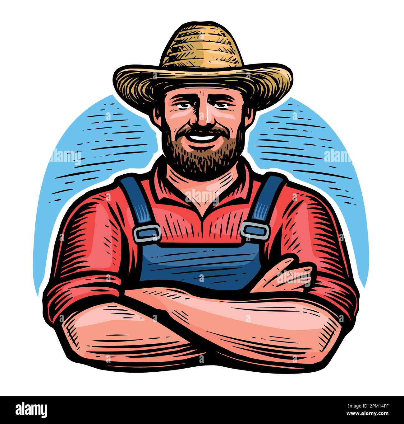 Joyeux ouvrier agricole dans l'emblème de chapeau. Éleveur souriant avec les bras croisés. Illustration vectorielle Illustration de Vecteur