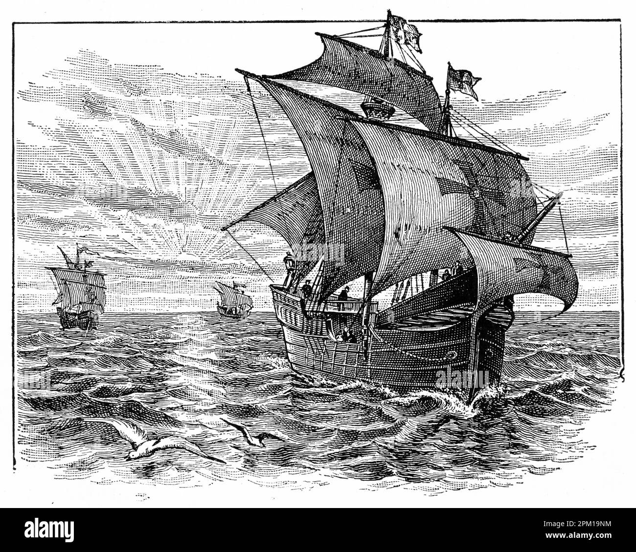 Gravure de trois galléons en haute mer, peut-être les navires de Christophe Colomb à la recherche du Nouveau monde. Banque D'Images