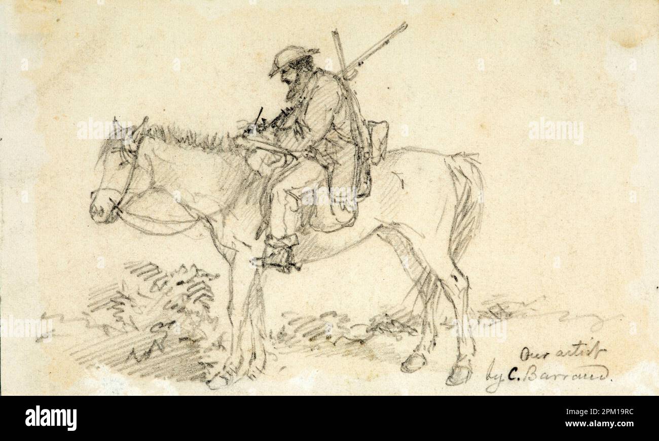 Un croquis de l'artiste Nicholas Chevalier au travail pendant la guerre des terres de Taranaki en Nouvelle-Zélande en 1868, par C Barrows. Chevalier a produit un certain nombre de croquis et de notes sur le rassemblement des forces coloniales pour combattre les Maoris. Banque D'Images