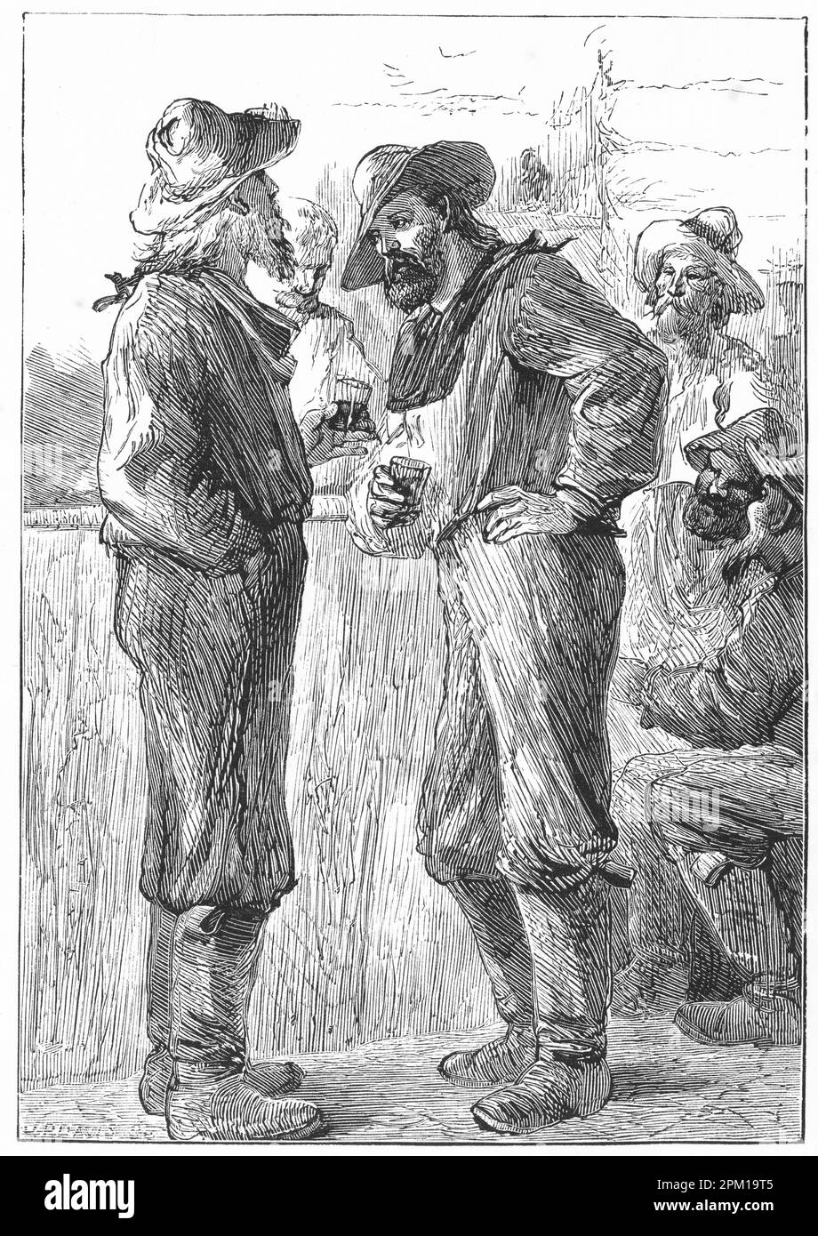 Gravure de deux hommes non armés buvant dans un bar public Banque D'Images