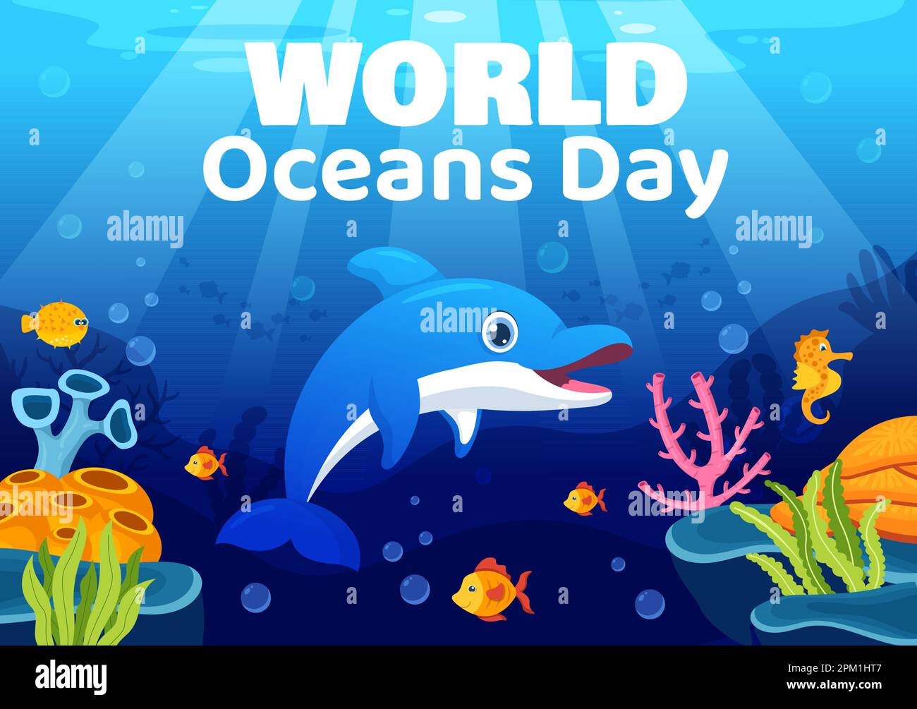 Illustration de la Journée mondiale des océans pour aider à protéger et à conserver les plantes de l'océan, du poisson, de l'écosystème ou de la mer en dessin animé à la main pour les modèles de page d'arrivée Illustration de Vecteur