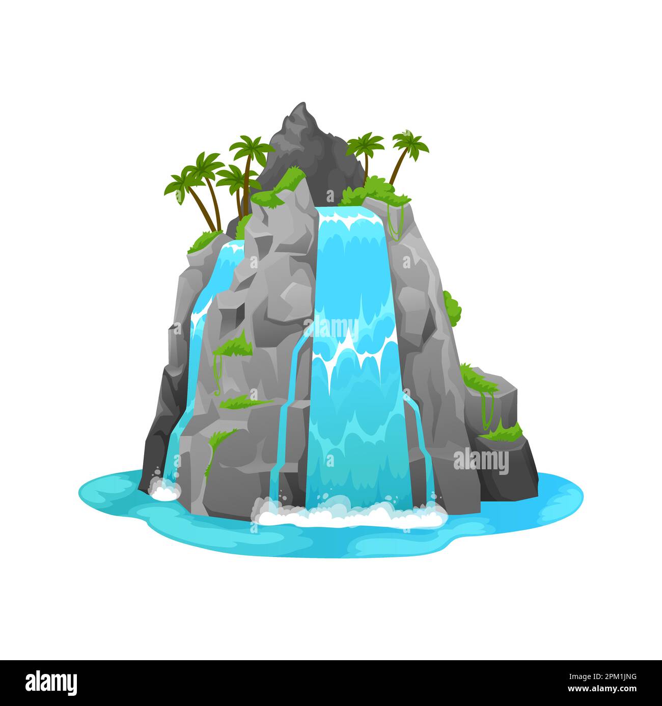 Cascade de dessins animés ou cascade d'eau jungle paysage de la nature. Vecteur chute de cours d'eau chute ou rivière de montagne, île tropicale colline de pierre ou de roche Illustration de Vecteur