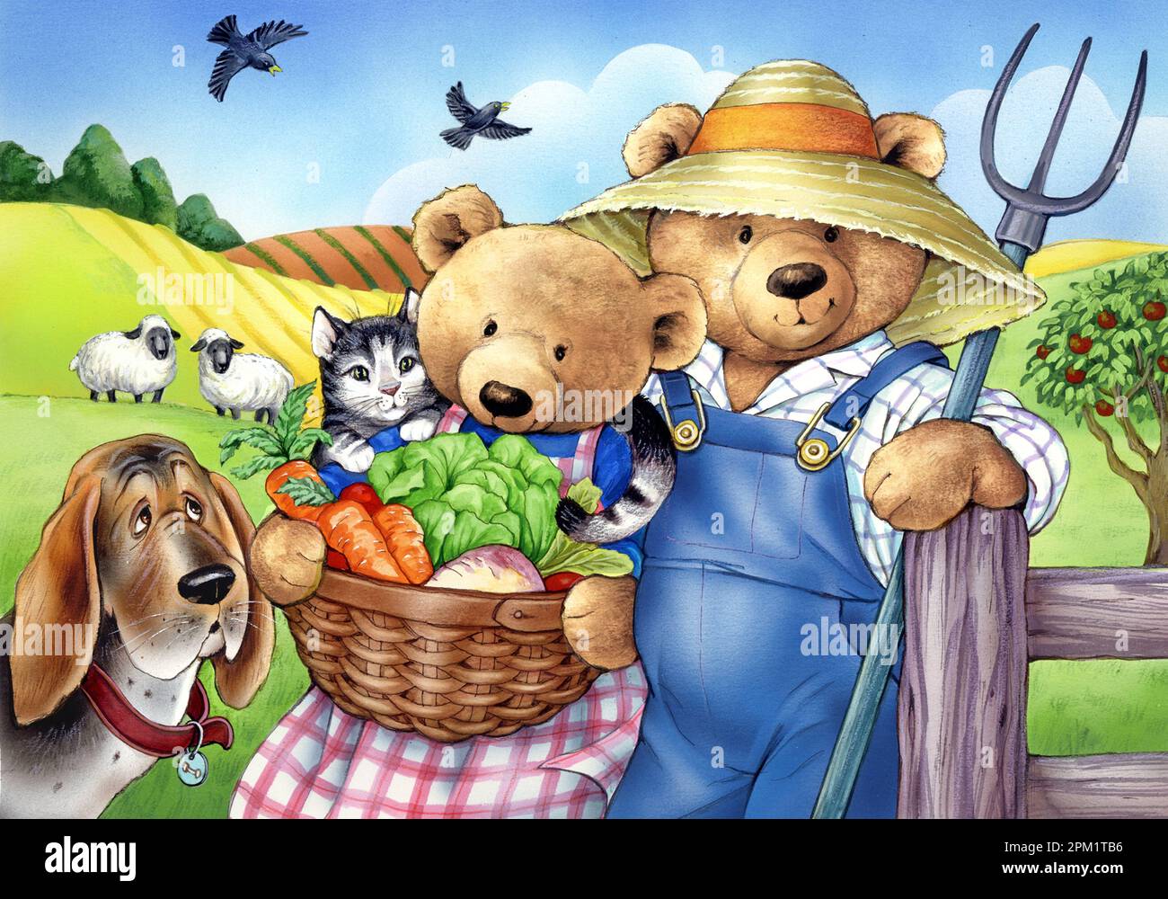 Comptines Rhymes-'The Farmer in the dell' Teddies avec anals & légumes Banque D'Images