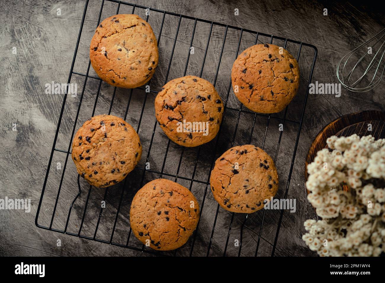Biscuits aux pépites de chocolat faits maison sur le plateau de refroidissement noir de cuisson et fond abstrait Banque D'Images