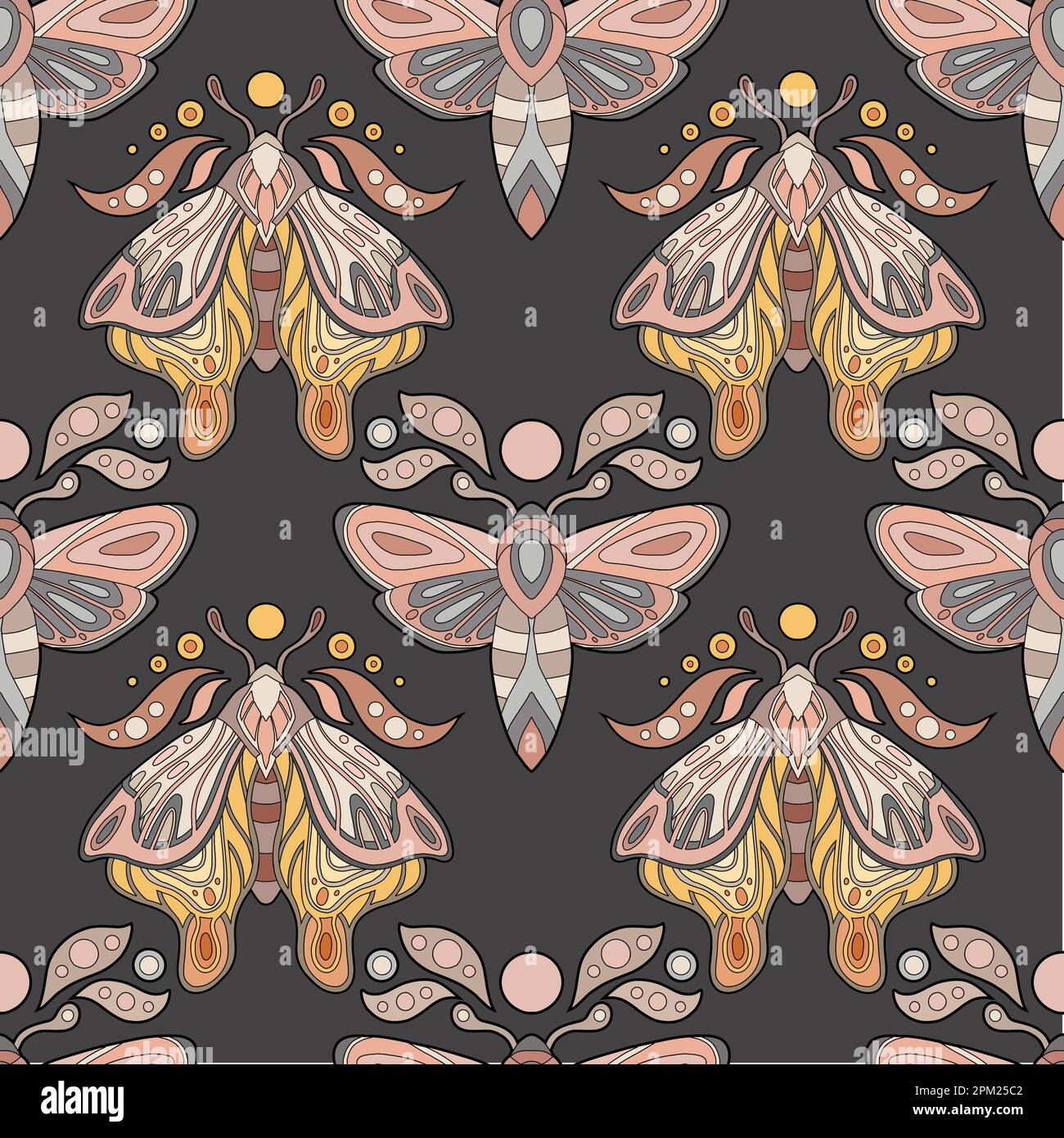 Scénario mystique de vecteur sans couture avec contour coloré Mothes avec la lune et les feuilles sur fond sombre. Texture avec contour de couleur papillons. Illustration de Vecteur