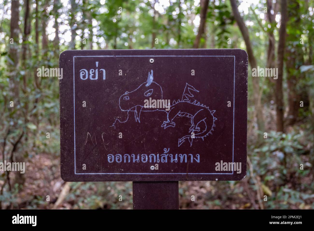Un drôle de signe avec un dragon dessiné à la main. Sakaerat Environmental Research Station, Udom SAP, Thaïlande. Banque D'Images
