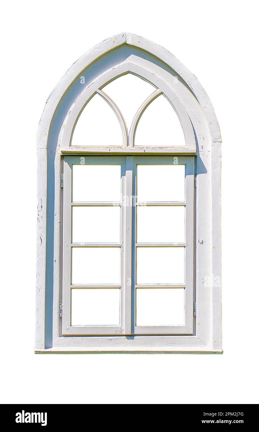 Cadre de fenêtre blanc de la mosquée historique en bois de Lipka Tatar isolée sur fond blanc Banque D'Images