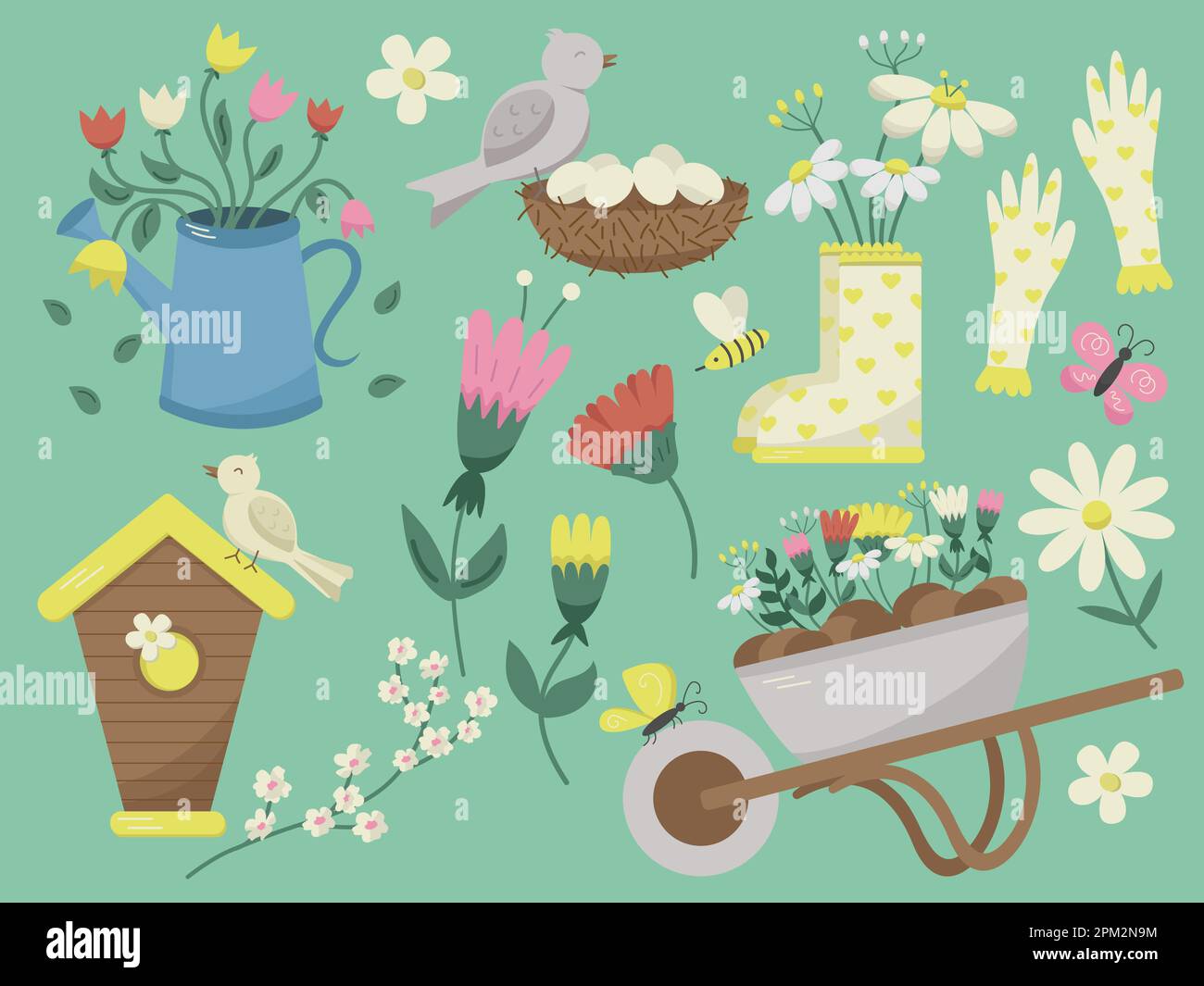 Ensemble d'objets de jardinage de saison de printemps, nid d'oiseaux et maison, fleurs. Élément de conception vectoriel pour les produits de salutation et de publicité. Illustration de Vecteur