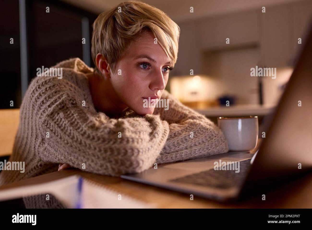 Jeune femme travaillant ou étudiant sur un ordinateur portable à la maison la nuit regardant à l'écran Banque D'Images