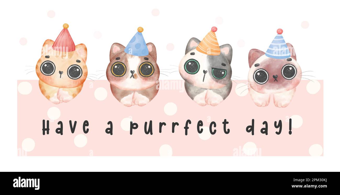 Mignon chat drôle de chaton dans la variété des races porte chapeau de fête aquarelle, illustration bannière Illustration de Vecteur