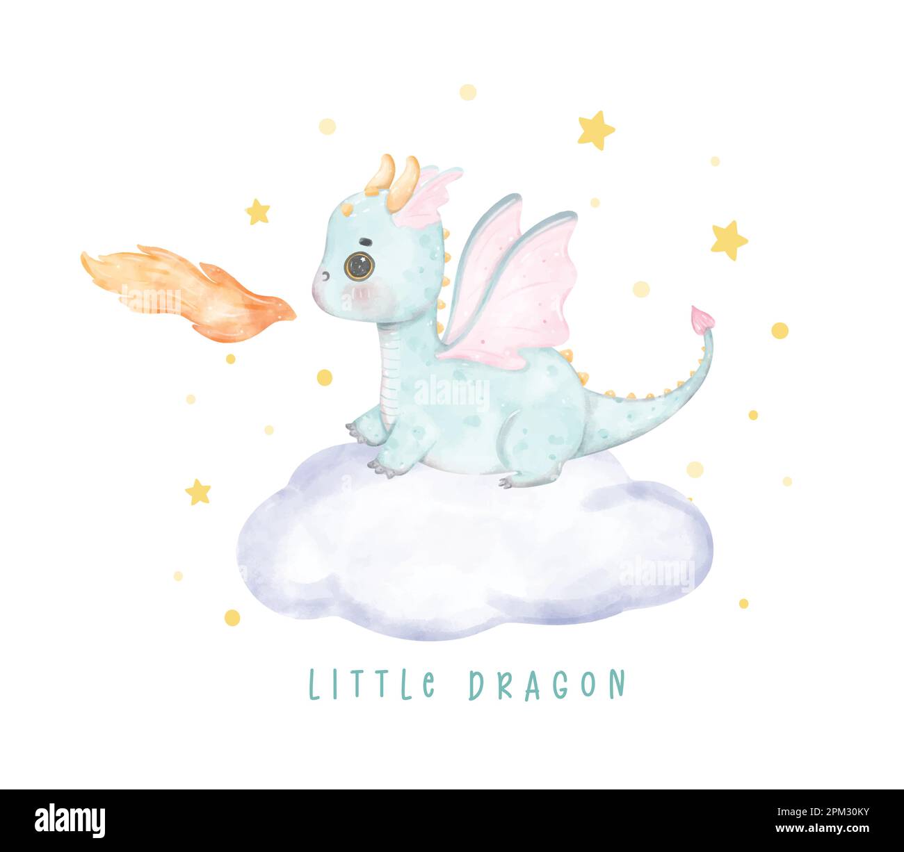 Adorable bébé bleu dragon sur le nuage moelleux petit dragon aquarelle, fantaisiste enfant animal de pépinière illustration Illustration de Vecteur