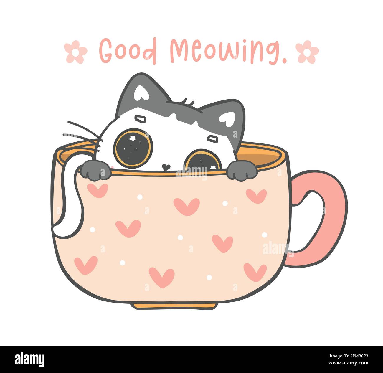 mignon drôle chat de chaton ludique dans une tasse de café, bon mewing, dessin animé animal doodle handrawing Illustration de Vecteur