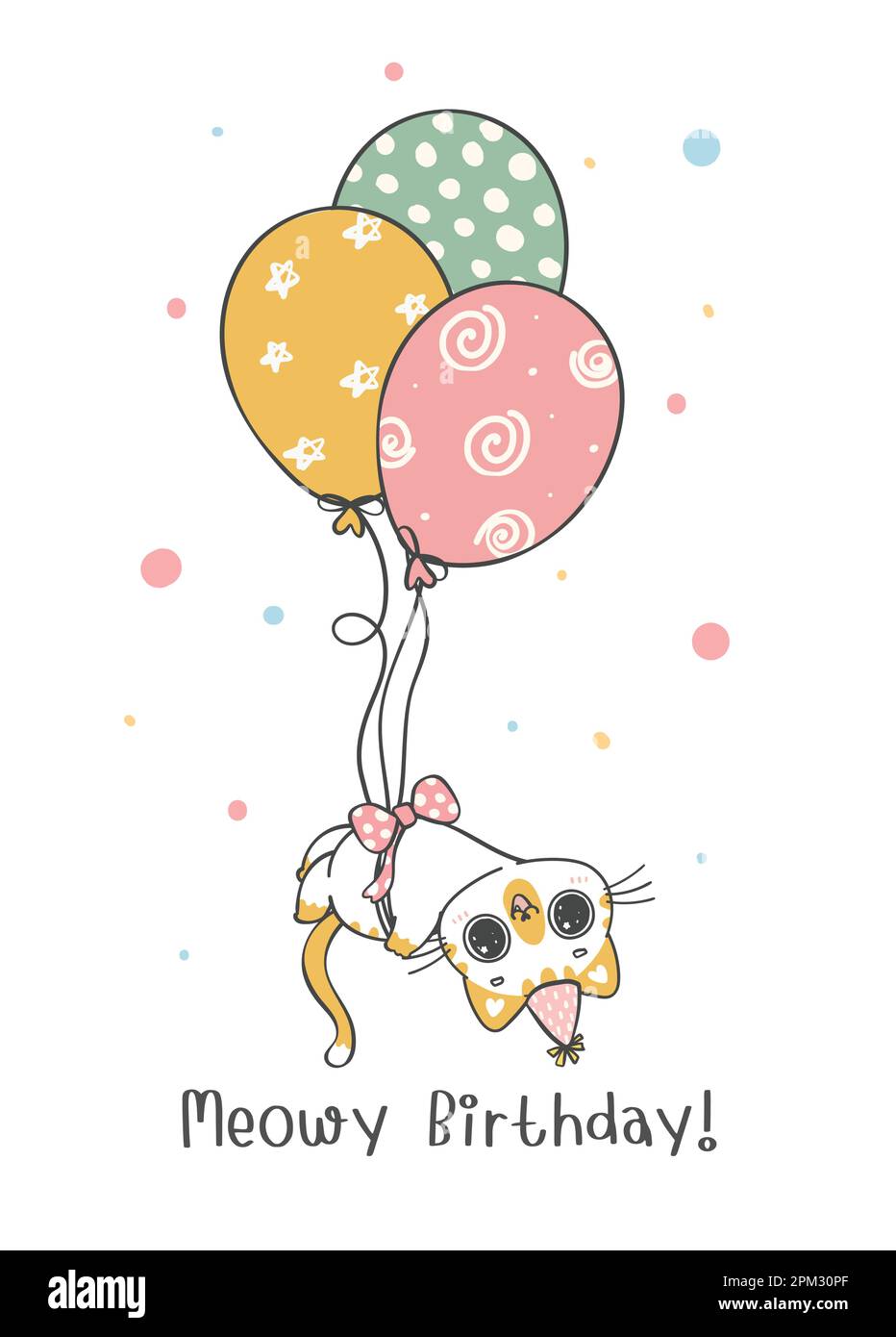 Mignon amusant calico chat volant avec des ballons, anniversaire Meowy, animal de compagnie gai dessin de personnage de dessin de doodle Illustration de Vecteur