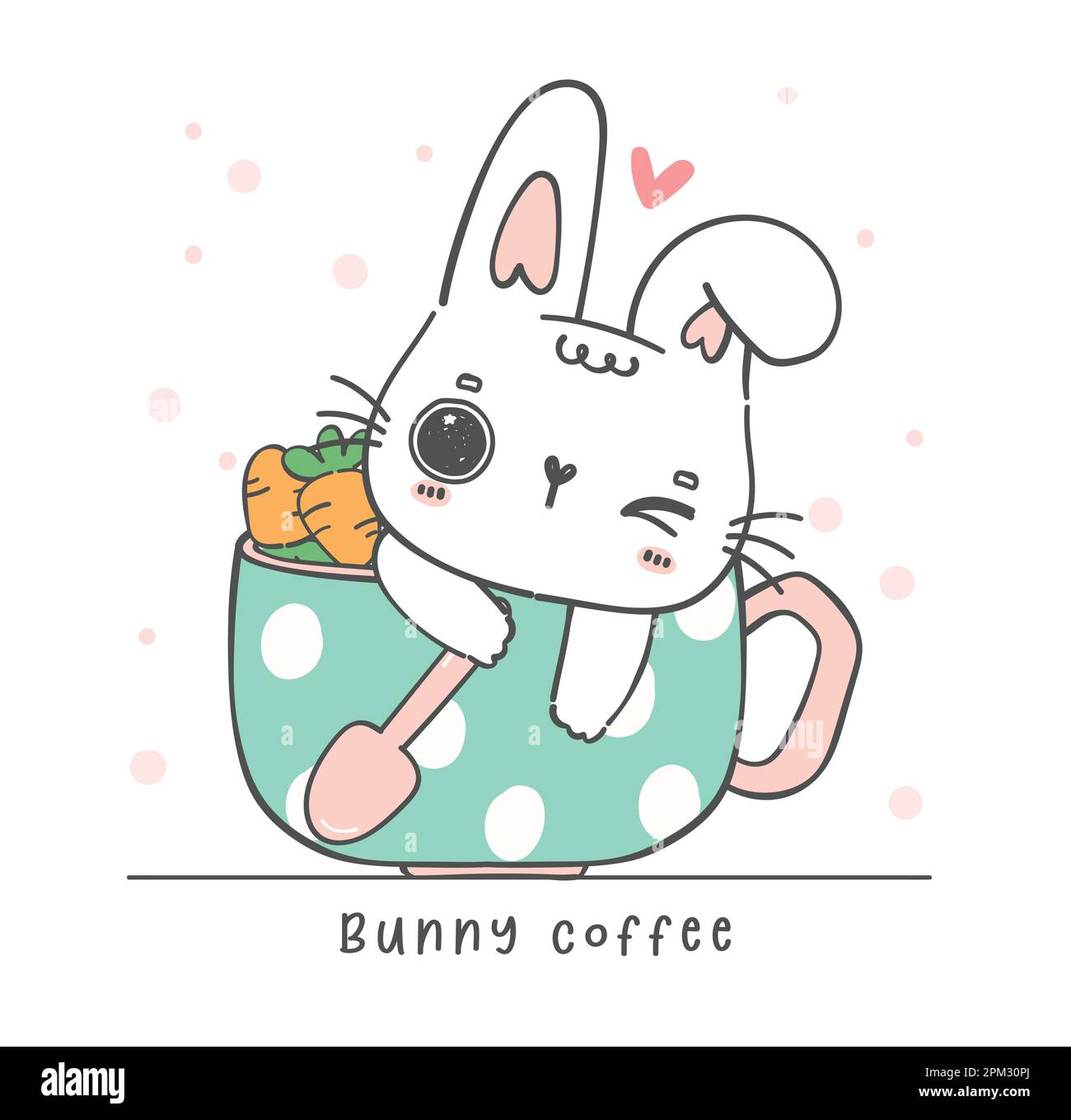 Mignon lapin blanc kawaii dans une tasse de café, café de lapin, adorable personnage de dessin d'animal à la main Doodle Illustration de Vecteur