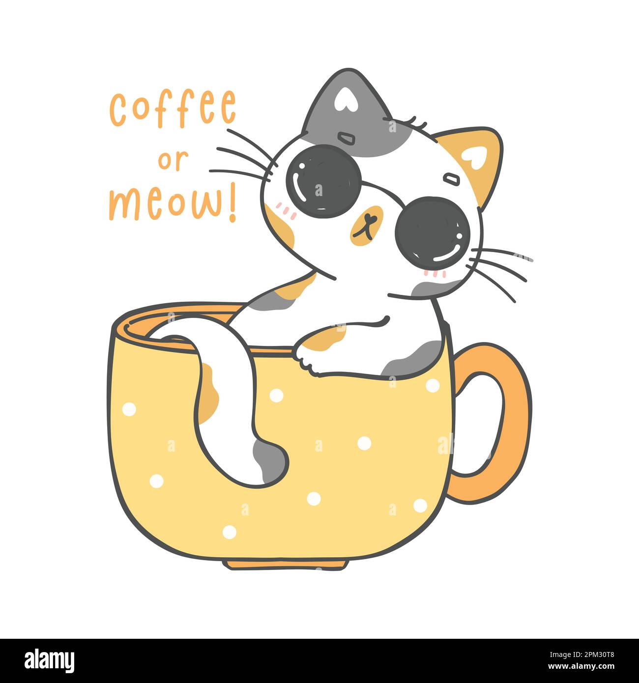 mignon amusant chubby chaton chat calico dans une tasse de café, jouer cool, café ou méow, dessin animé animal doodle handrawing Illustration de Vecteur