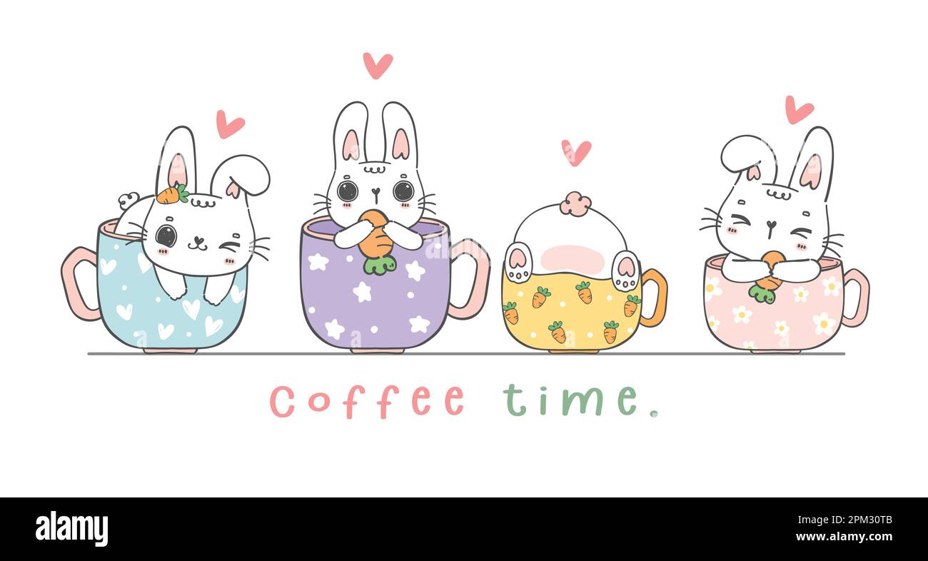 Groupe de lapins de lapin blanc de kawaii mignon dans une tasse de café, temps de café, mignon personnage de dessin animé animal main danidle bannière Illustration de Vecteur