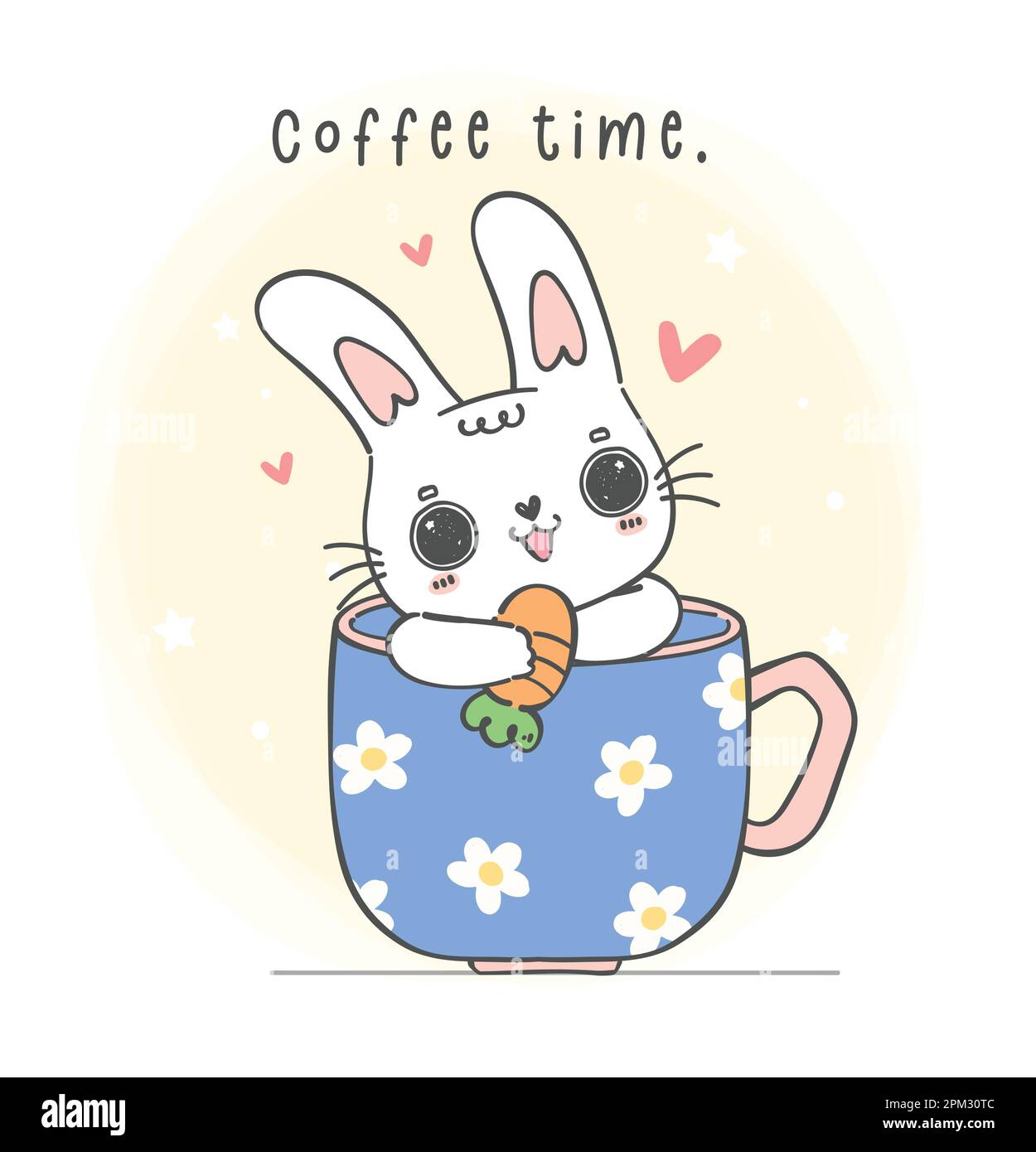 Joli lapin blanc kawaii dans une tasse de café, temps du café, adorable personnage de dessin d'animal à la main Doodle Illustration de Vecteur