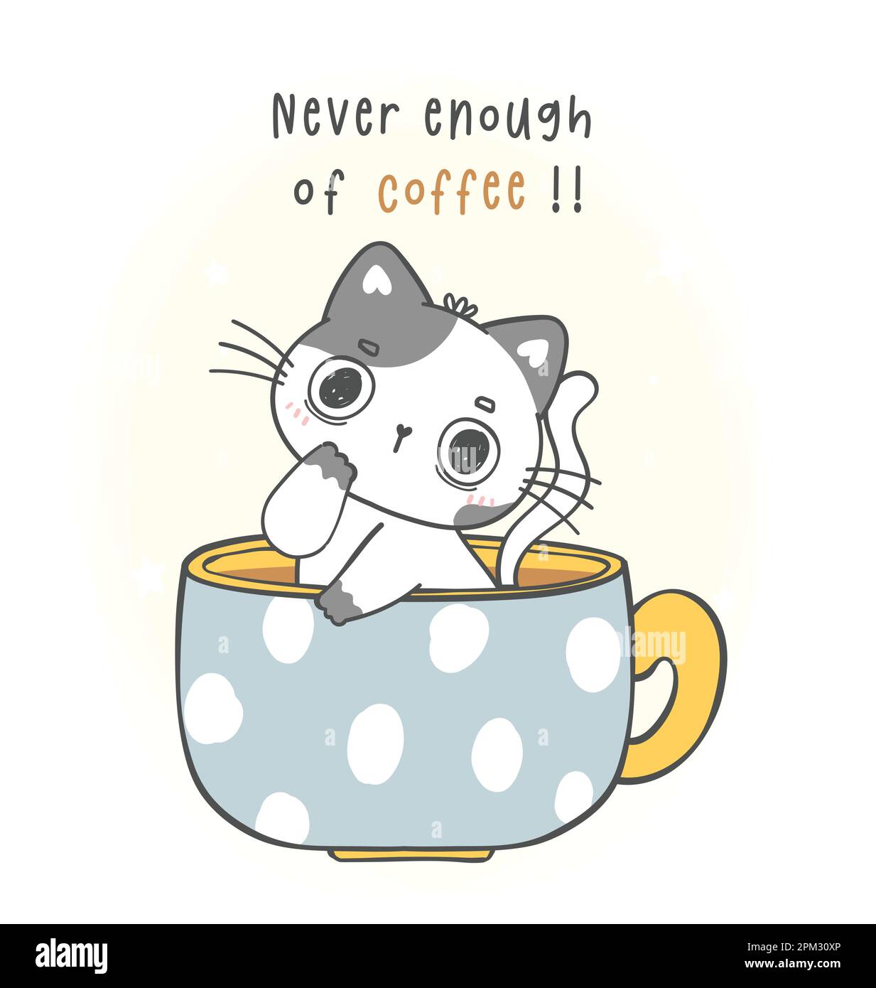 mignon drôle chat de chaton ludique dans une tasse de café, jamais assez de souvenir de café, dessin de la main d'animal de bande dessinée Illustration de Vecteur