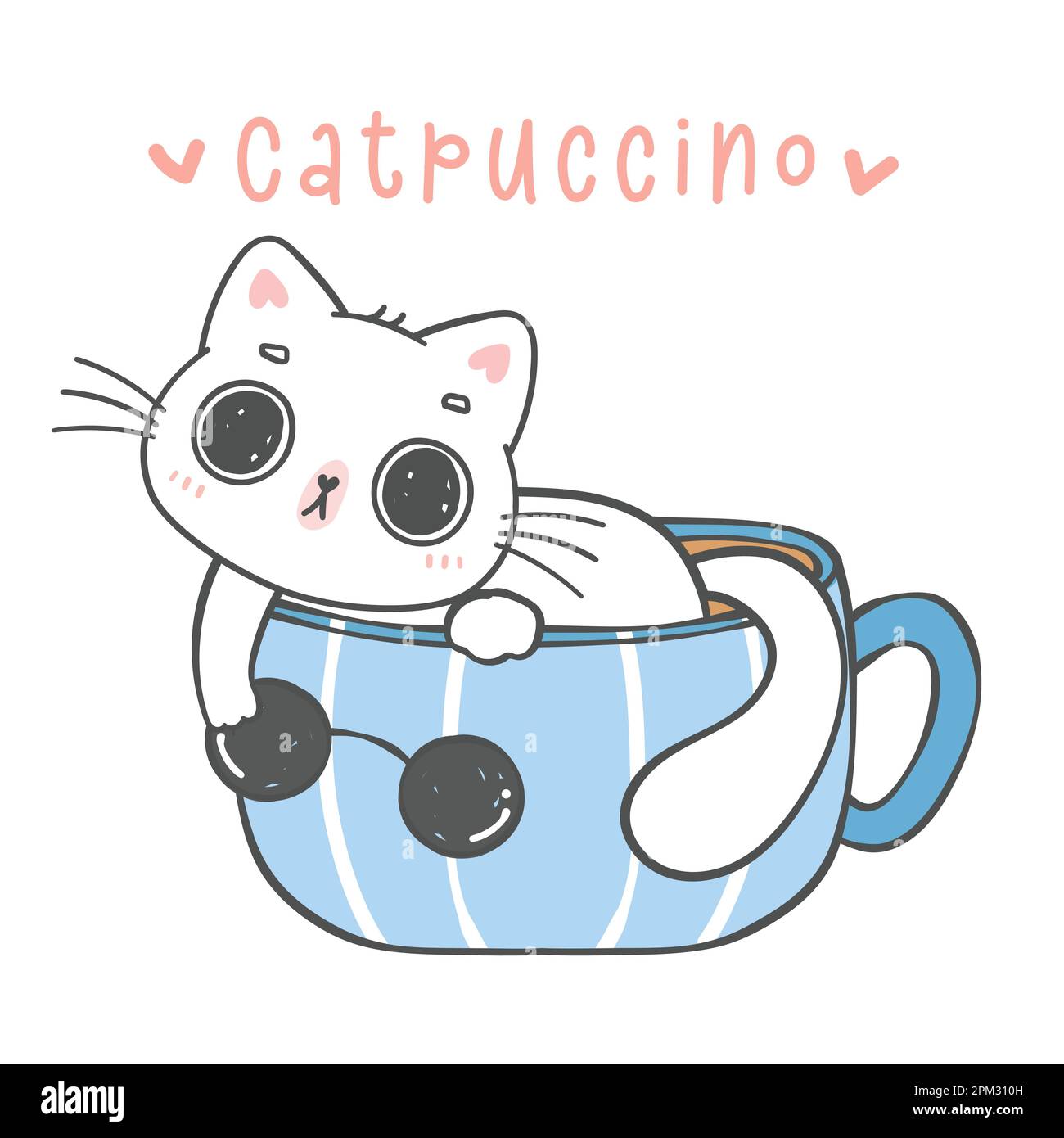 mignon drôle chat de chaton joueur dans une tasse de café, un cappuccino, un animal de dessin animé de la main de doodle Illustration de Vecteur
