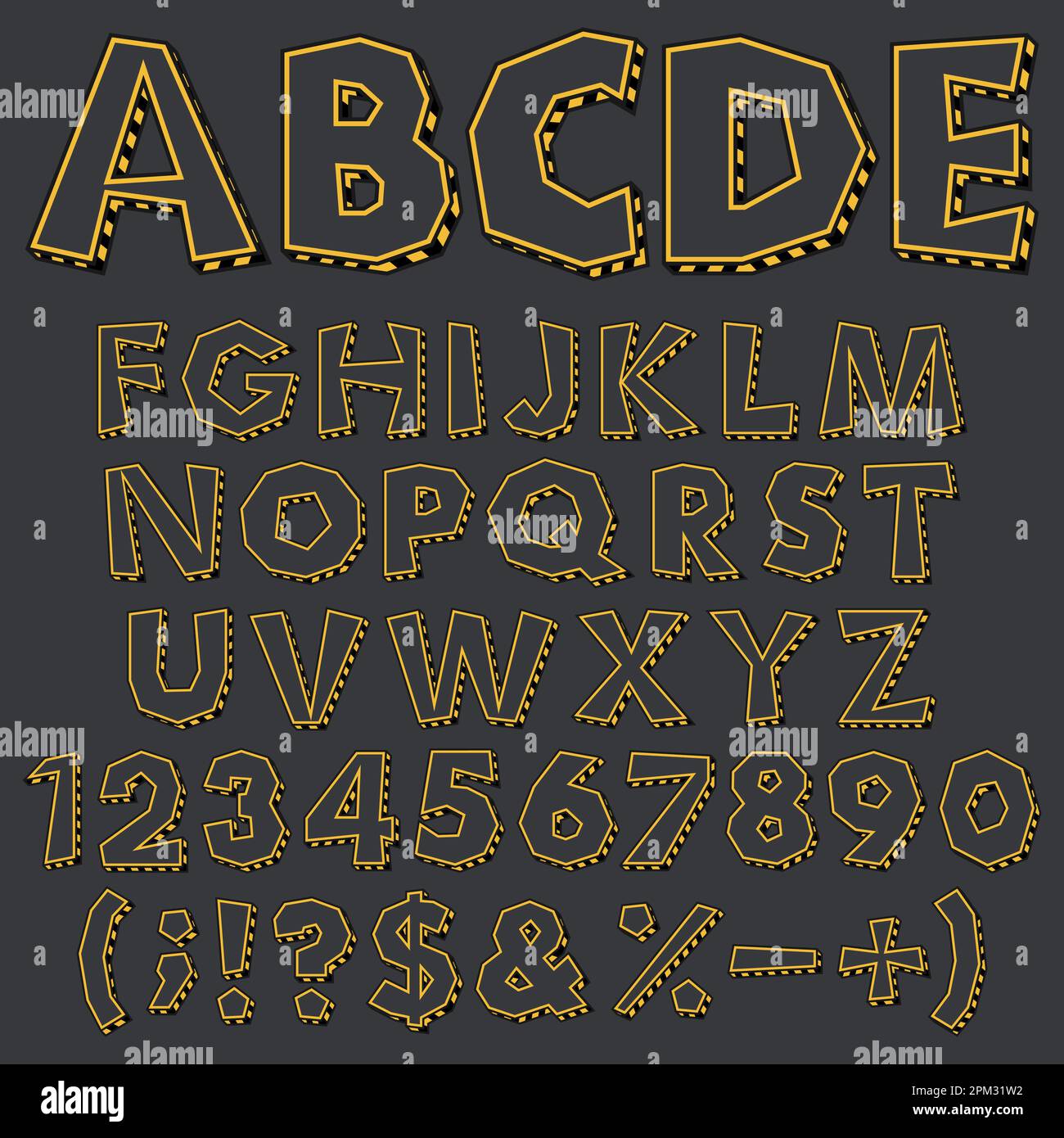 Alphabet, chiffres et signes de couleur hachés avec marquages d'avertissement. Objets vectoriels isolés. Illustration de Vecteur