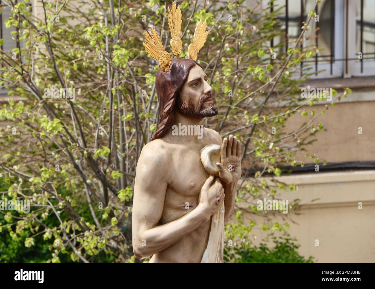 Gros plan d'une sculpture de Jésus Christ la résurrection Cristo Resucitado dans la procession du dimanche de Pâques Santander Cantabria Espagne Banque D'Images