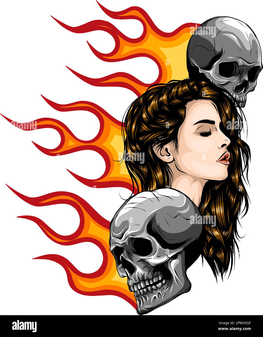 femme avec crâne sur l'illustration du vecteur de flammes. Illustration de Vecteur