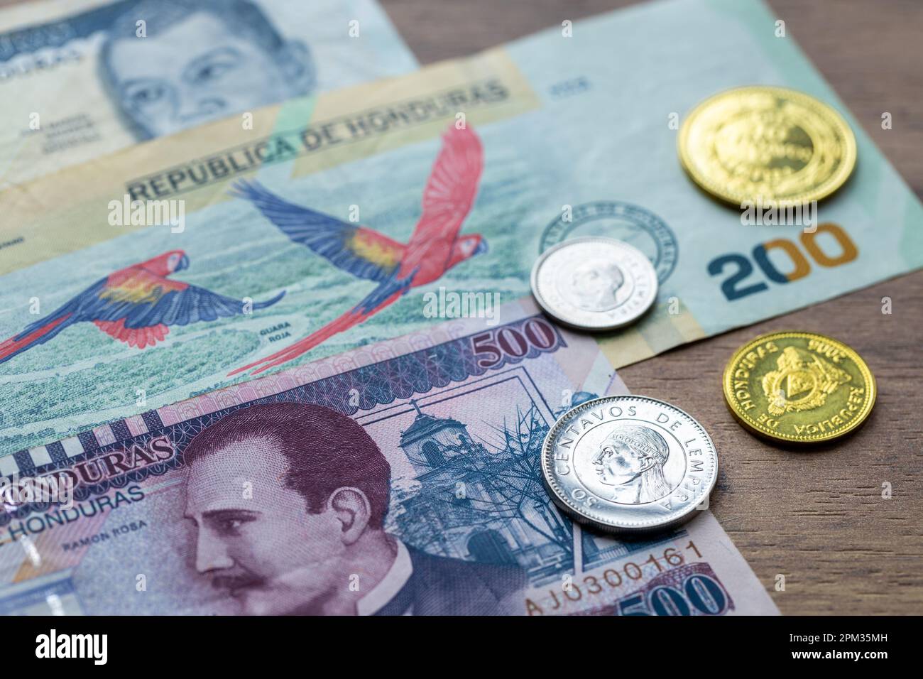 Monnaie du Honduras, billets de banque et petites pièces, concept financier, gros plan Banque D'Images