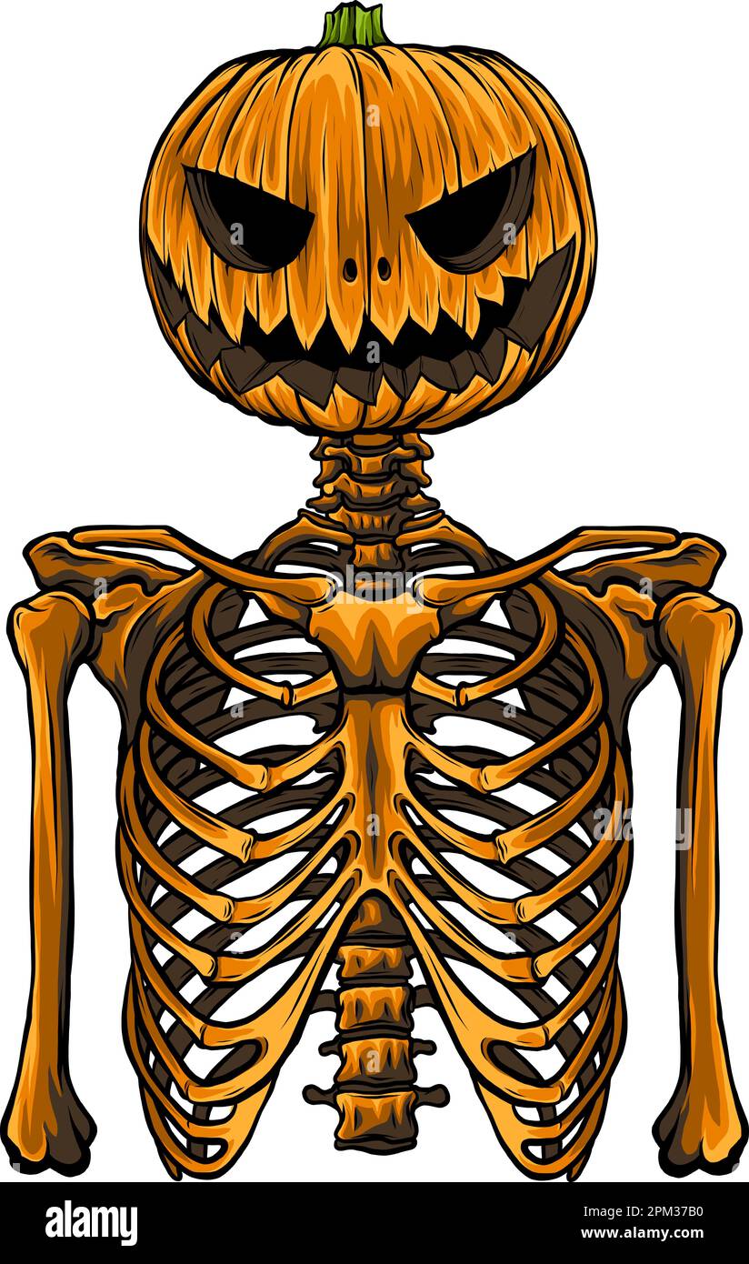 dirigez la citrouille sur le squelette humain. illustration vectorielle sur fond blanc, dessin à la main numérique Illustration de Vecteur