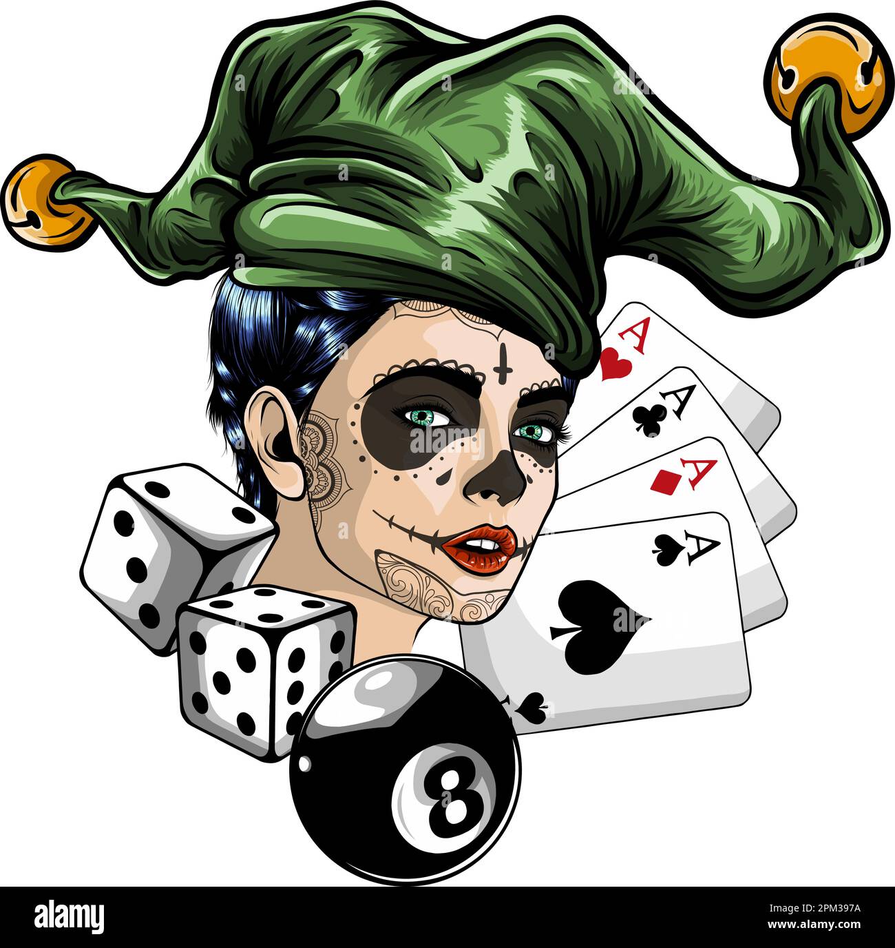 tête de femme de sucre avec chapeau de joker sur fond blanc illustration vectorielle Illustration de Vecteur