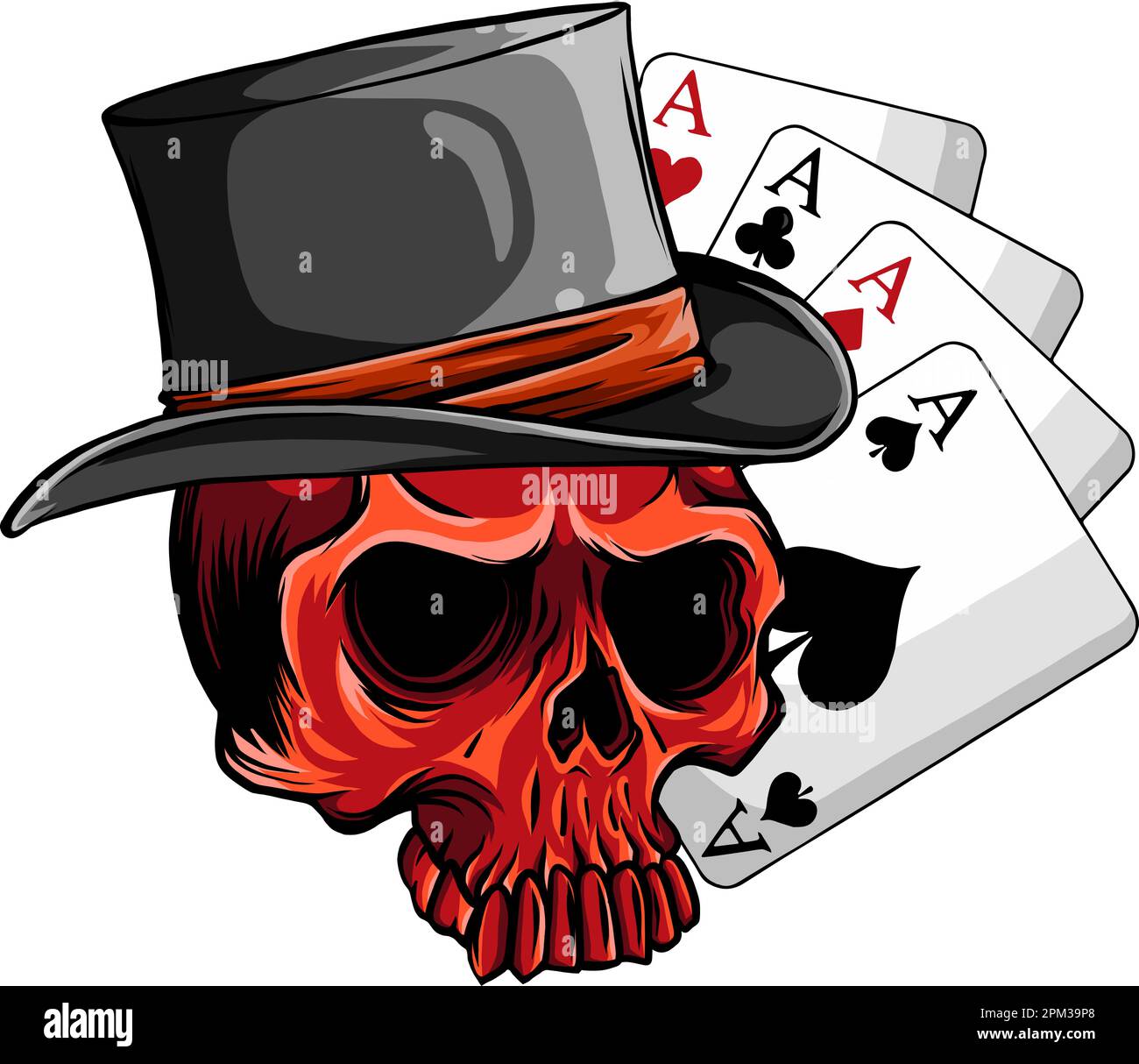 Crâne de gentleman en chapeau cylindrique avec illustration du vecteur de poker Aces. tirage manuel numérique Illustration de Vecteur