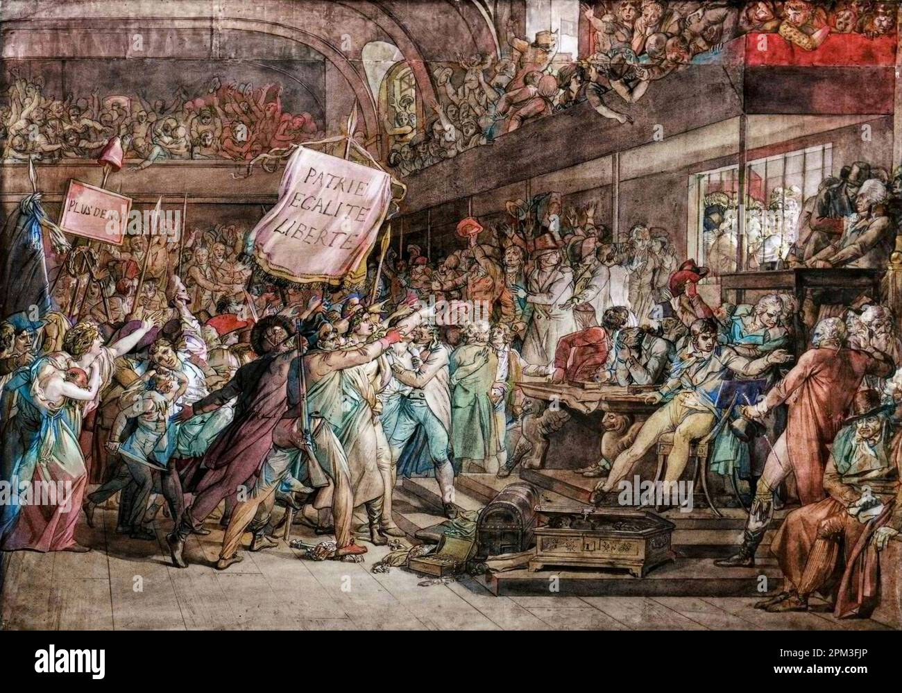 Insurrection du 10 août 1792 - Voyage du 10 aout 1792 : la prise du Palais des Tuileries, derriere les barreaux sont visibles la reine Marie-Antoinette et le roi Louis XVI (les habitants de Paris s'empresse des Tuileries le 10 août 1792) d'apres le dessin a la plume de François Gerard (1770-1837) Banque D'Images