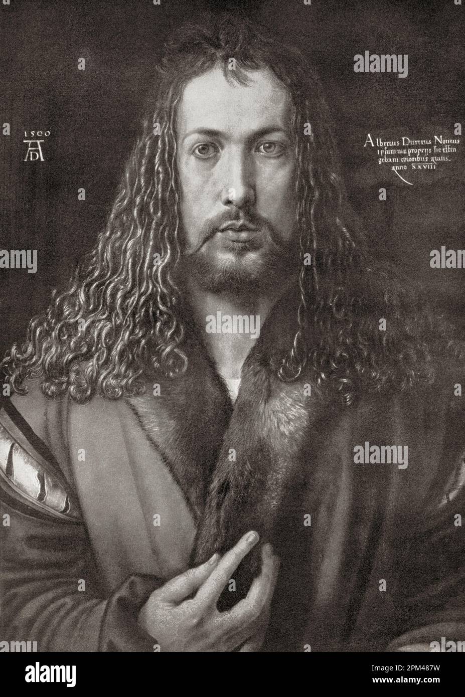 Autoportrait de Dürer à 28 (1500). Après l'œuvre d'Albrecht Dürer, 1471 – 1528, parfois orthographié en anglais comme Durer. Peintre allemand, graveur et théoricien de la Renaissance allemande. De Albrecht Dürer, Sein Leben und eine Auswahl seiner Werke ou sa vie et une sélection de ses œuvres, publié en 1928. Banque D'Images