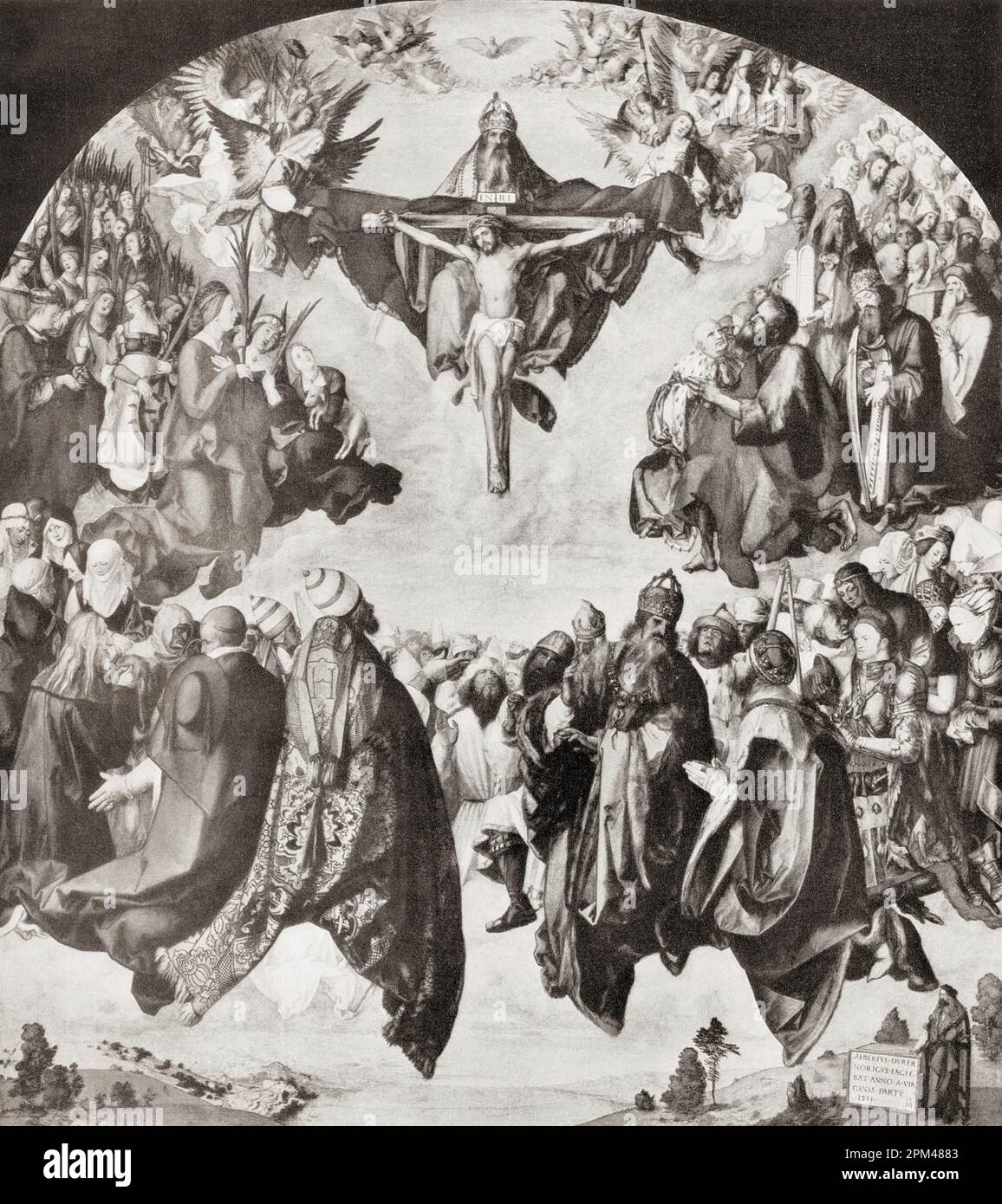 L'adoration de la Trinité, après l'oeuvre d'Albrecht Dürer , 1471 – 1528, parfois orthographié en anglais comme Durer. Peintre allemand, graveur et théoricien de la Renaissance allemande. De Albrecht Dürer, Sein Leben und eine Auswahl seiner Werke ou sa vie et une sélection de ses œuvres, publié en 1928. Banque D'Images