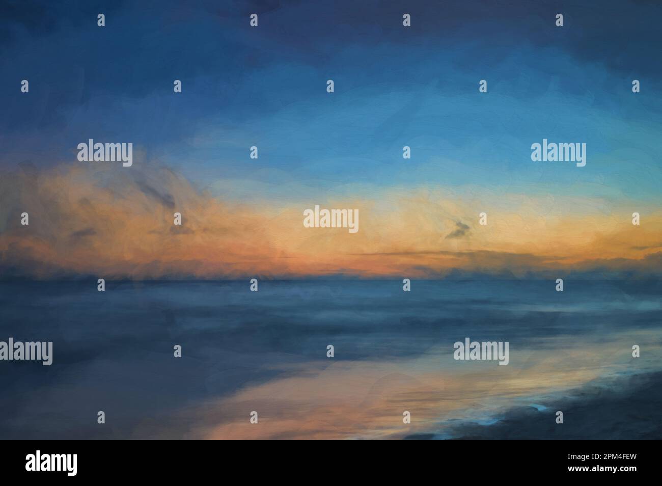 Peinture numérique d'une longue exposition de la mer à l'heure d'or, comme l'aube commence à se briser sur une plage de sable blanc. Banque D'Images