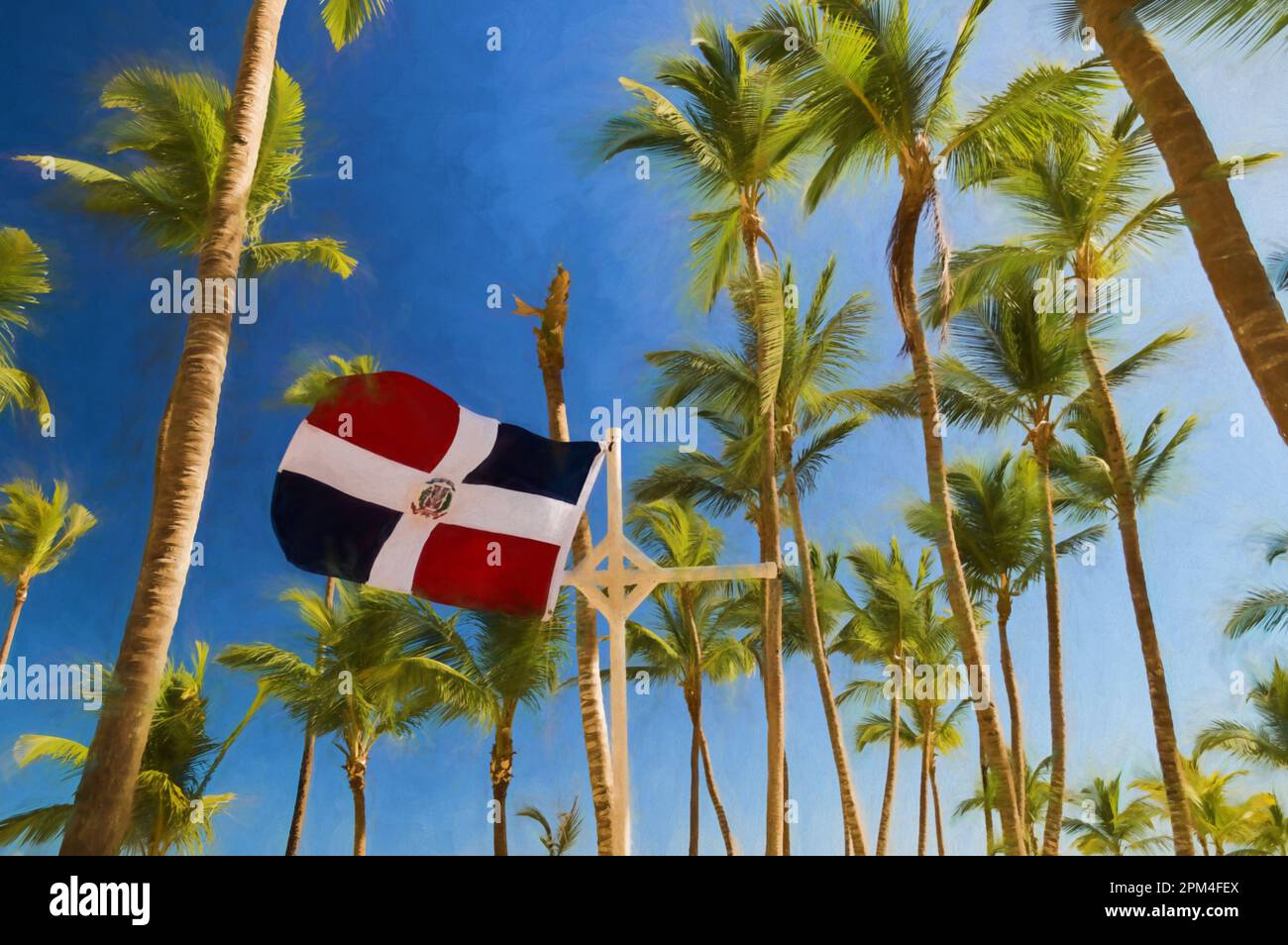 Peinture numérique du drapeau de la république dominicaine flottant dans le vent, parmi les palmiers et contre un ciel bleu dans les Caraïbes. Banque D'Images