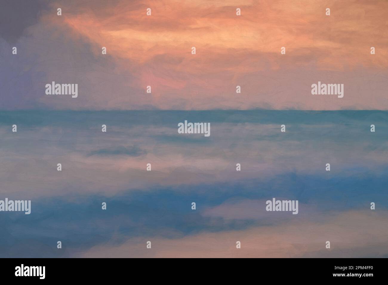 Peinture numérique d'une longue exposition de la mer à l'heure d'or, comme l'aube commence à se briser sur une plage de sable blanc. Banque D'Images