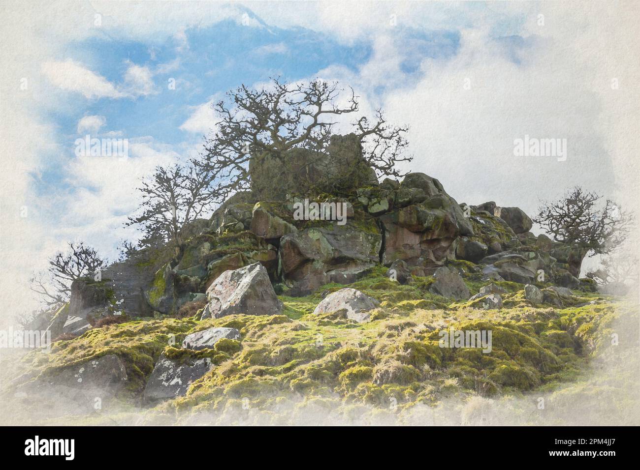 Peinture aquarelle numérique de la formation rocheuse de la voie calcaire de la foulée de Robin Hood dans le Derbyshire Dales, Peak District National Park, Royaume-Uni. Banque D'Images