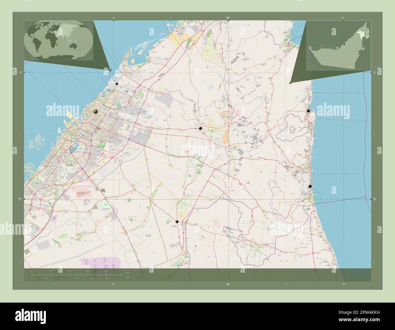 Sharjah, émirat des Émirats arabes Unis. Ouvrez la carte des rues. Lieux des principales villes de la région. Cartes d'emplacement auxiliaire d'angle Banque D'Images