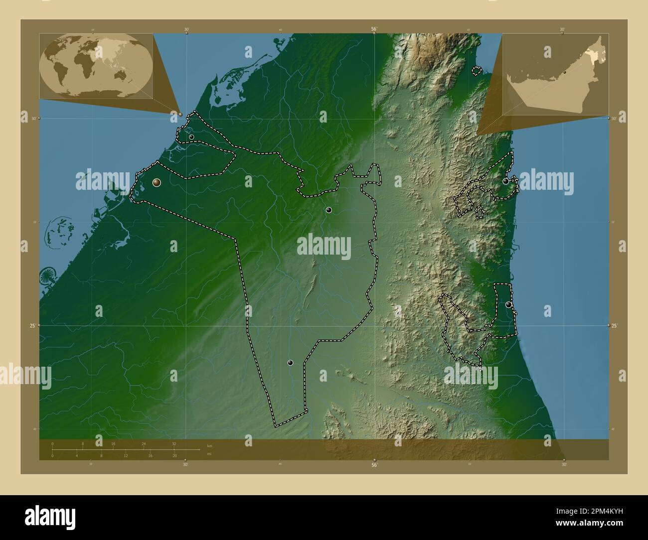 Sharjah, émirat des Émirats arabes Unis. Carte d'altitude en couleur avec lacs et rivières. Lieux des principales villes de la région. Emplacement auxiliaire d'angle Banque D'Images