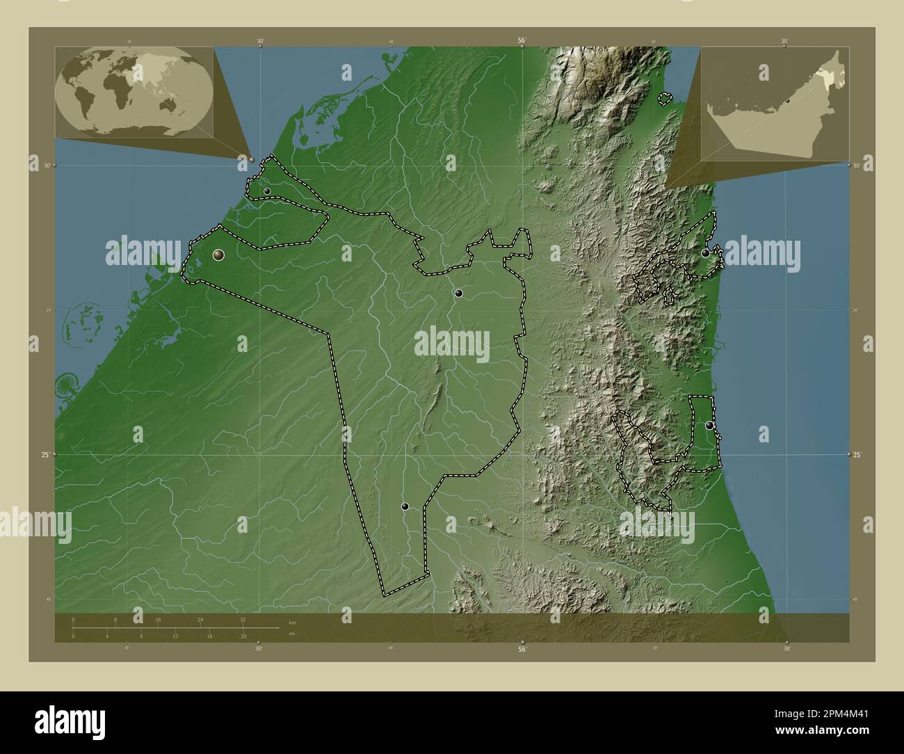 Sharjah, émirat des Émirats arabes Unis. Carte d'altitude colorée en style wiki avec lacs et rivières. Lieux des principales villes de la région. Coin a Banque D'Images